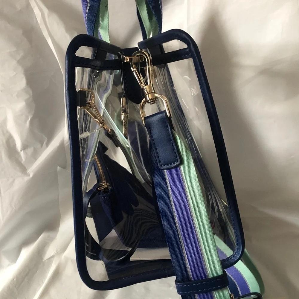 Kate Spade blue multi color see through satchel with adjustable crossbody NWT
